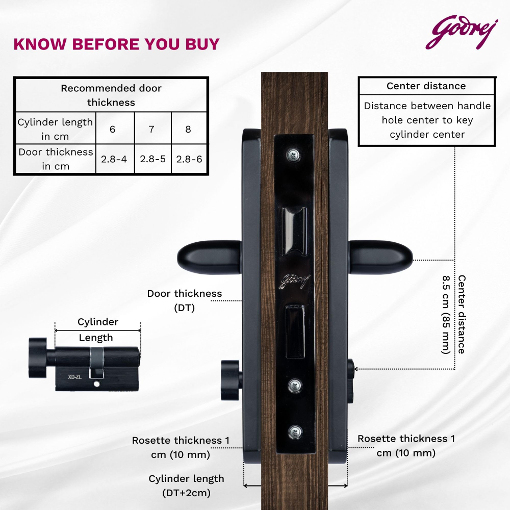 Godrej Mortise Lock I Handle Set 1CK EM02 I Matt Black Finish I 6-Lever Lock I 3 Keys I Double Throw I 5